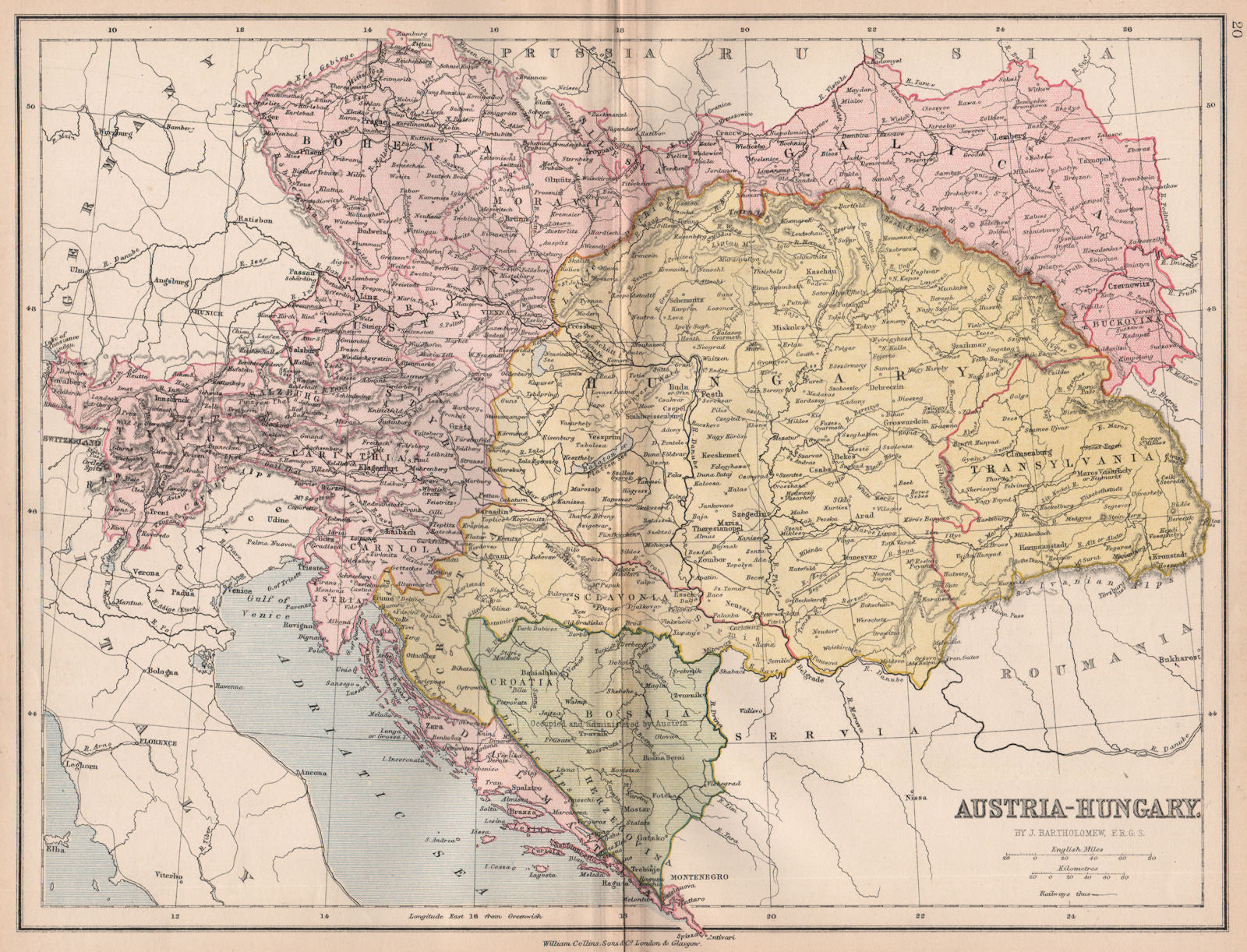 AUSTRIA. Railways. After Congress/Treaty of Berlin. BARTHOLOMEW 1878 old map